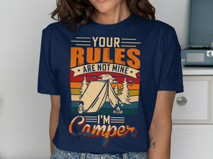 Navy t-shirt with "Your rules are not mine, I'm a camper" text and camping graphic.