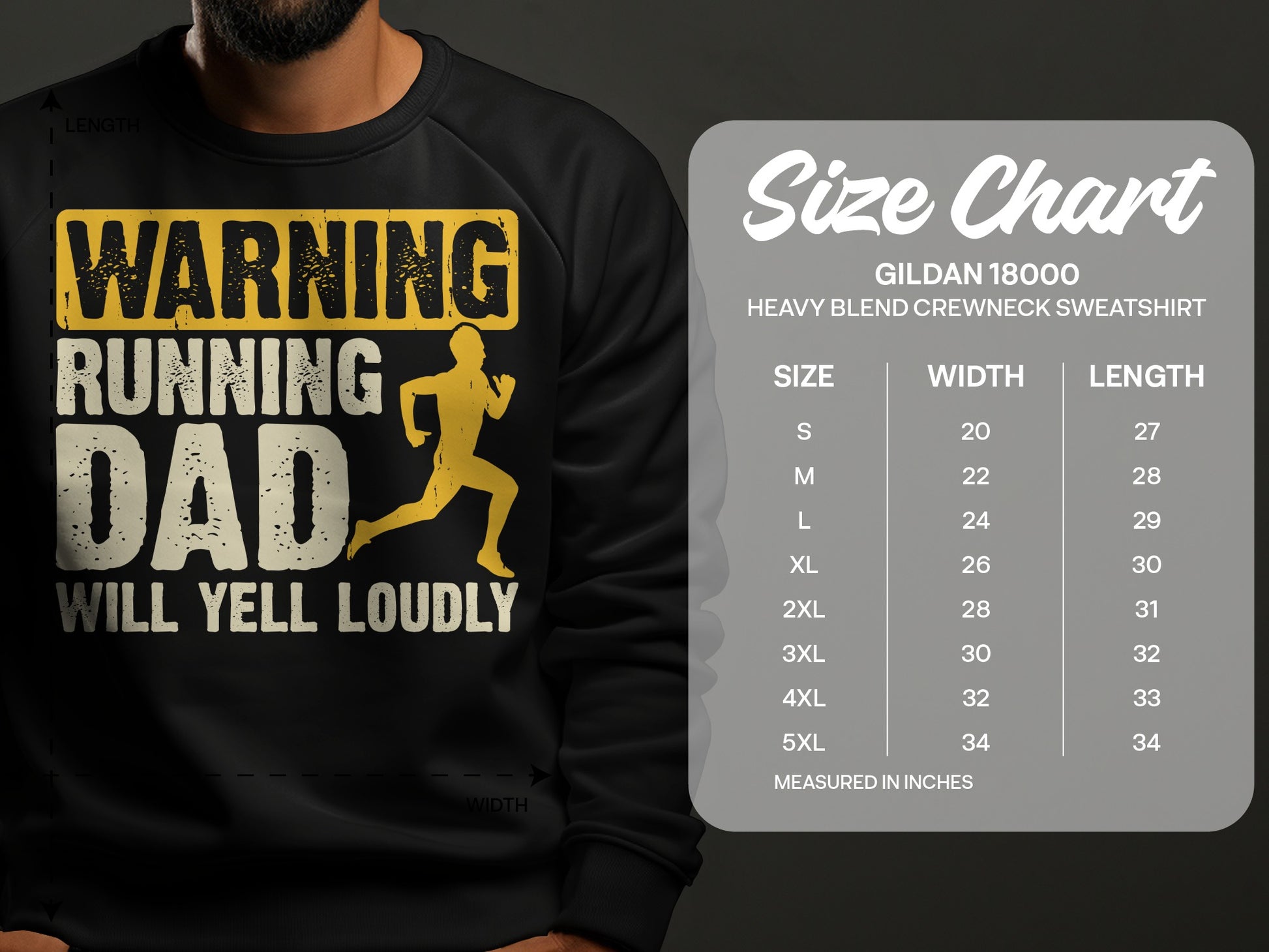 Crewneck sweatshirt size chart with "Warning Running Dad Will Yell Loudly" graphic.