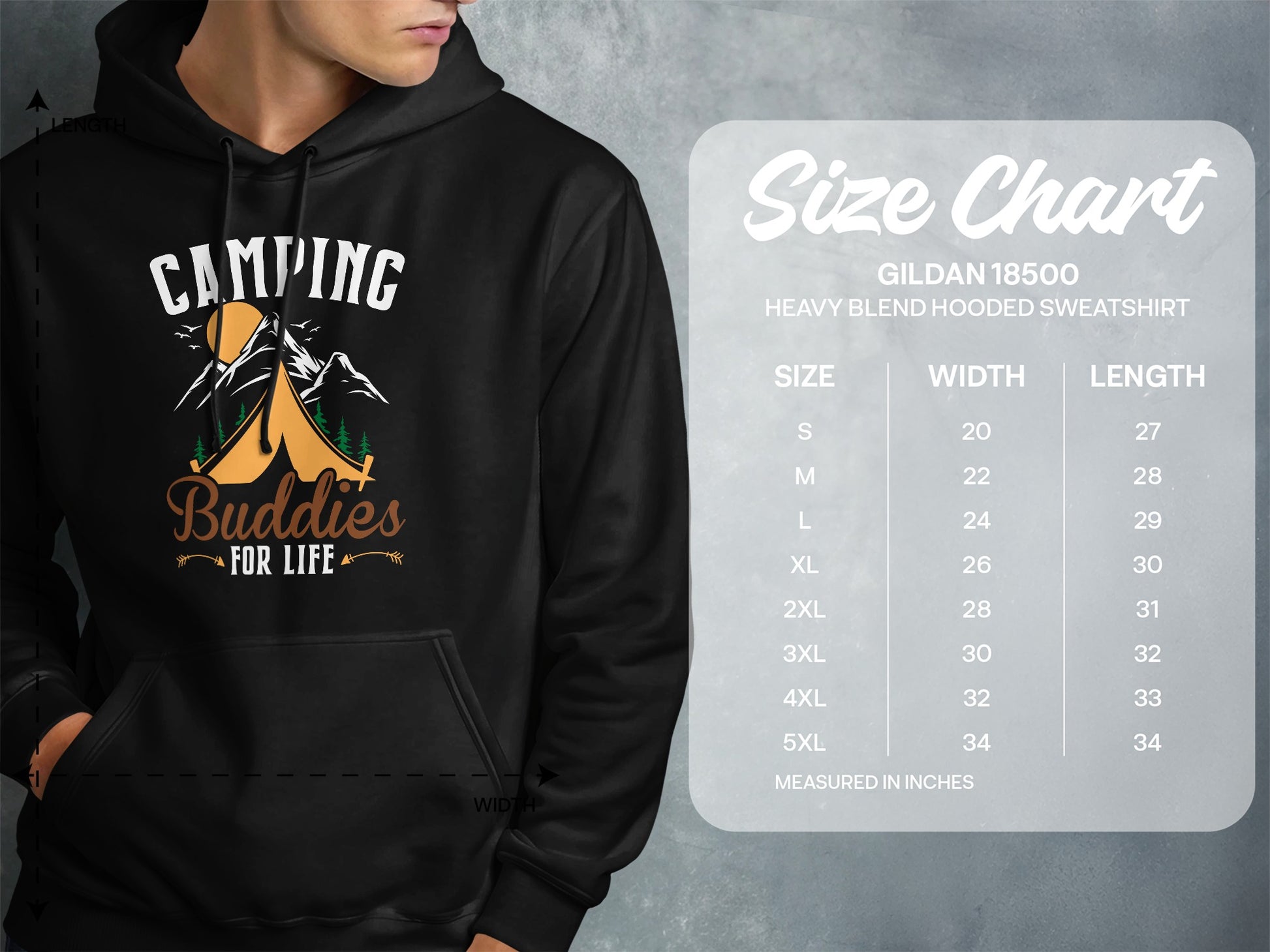 Black hoodie with "Camping Buddies for Life" graphic and size chart.