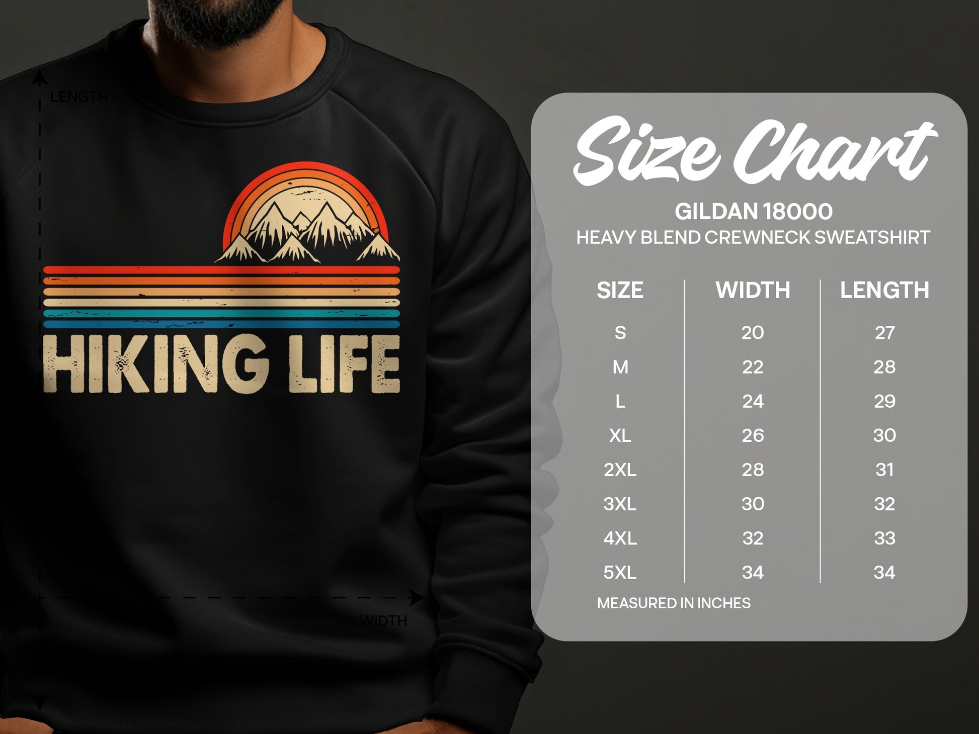 Size chart for Gildan 18000 crewneck sweatshirt with hiking graphic.