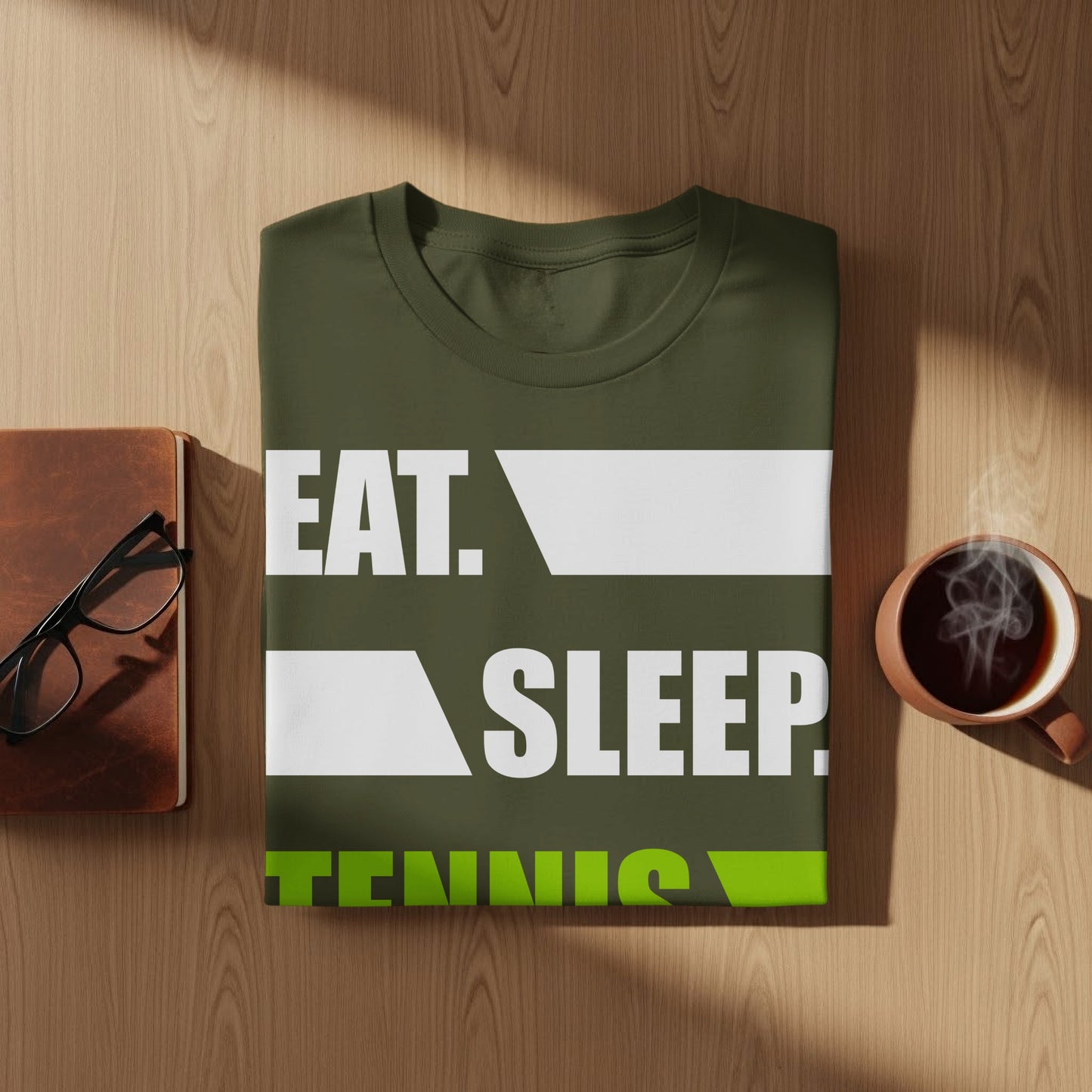 Green t-shirt with "EAT. SLEEP. TENNIS." printed in white and lime green.
