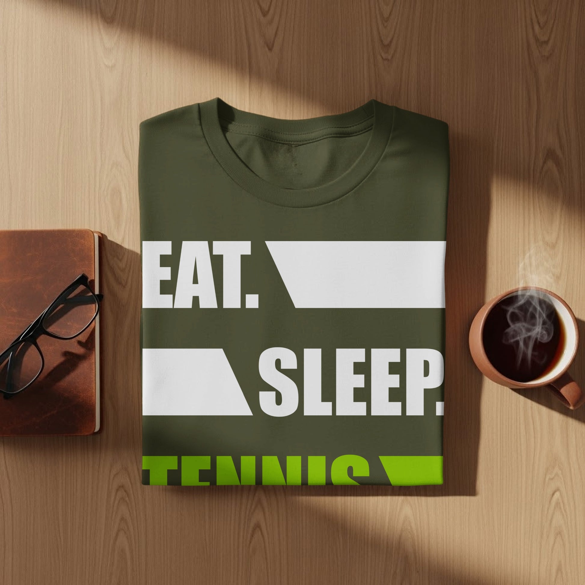 Green t-shirt with "EAT. SLEEP. TENNIS." printed in white and lime green.