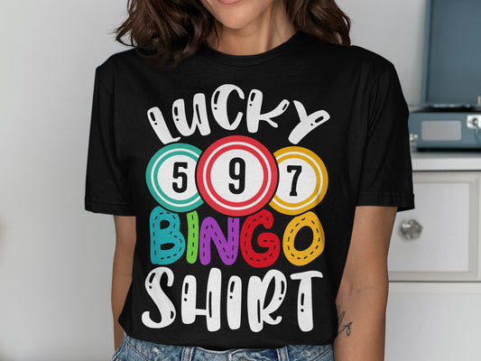 Black t-shirt with "LUCKY BINGO SHIRT" and colorful bingo balls.