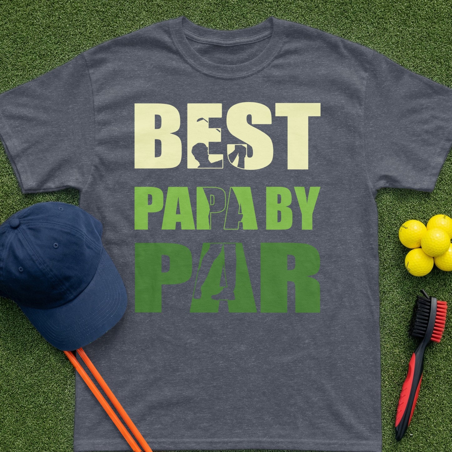 Charcoal t-shirt with "BEST PAPA BY PAR" text in light yellow and green.