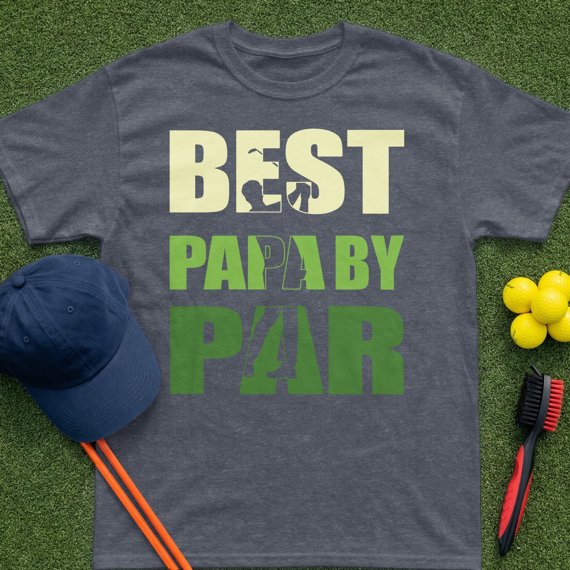 Charcoal t-shirt with "BEST PAPA BY PAR" text in light yellow and green.