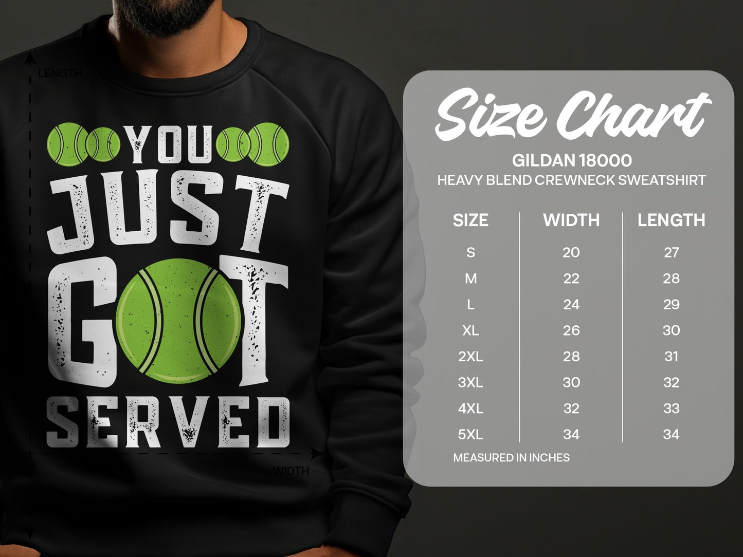 Black sweatshirt with "You Just Got Served" text and tennis graphic.