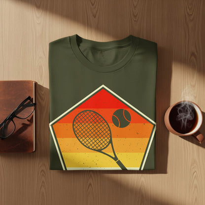 Green t-shirt with vintage tennis racket and ball design.