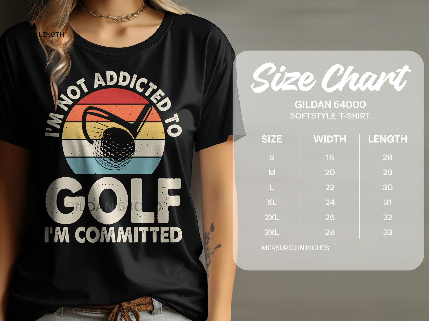 Black t-shirt with "I'M NOT ADDICTED TO GOLF, I'M COMMITTED" text and a golf ball on a tee.
