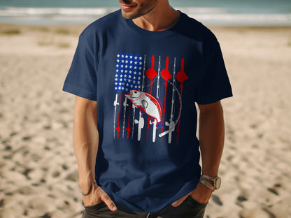 Navy t-shirt with American flag design featuring a fishing rod and a bass.