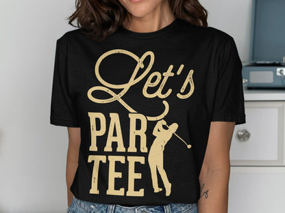 Black t-shirt with "Let's Par Tee" text and golfer graphic.