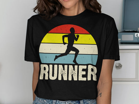 Black t-shirt with runner silhouette against a striped sunset and the word "RUNNER".