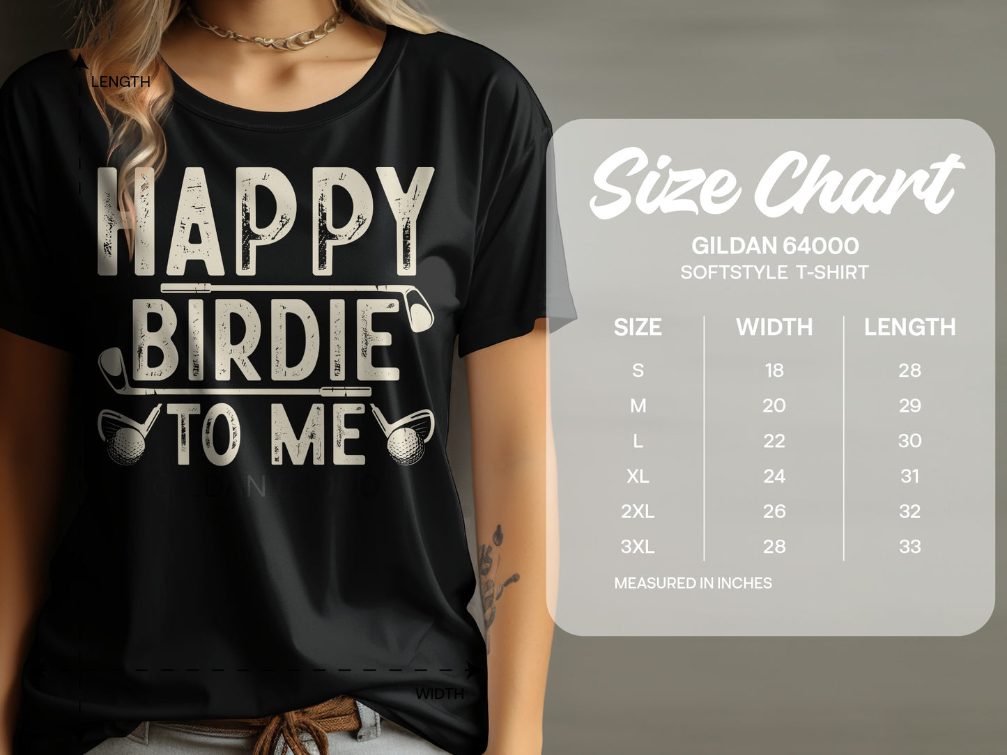 Black t-shirt with "Happy Birdie To Me" text and size chart.
