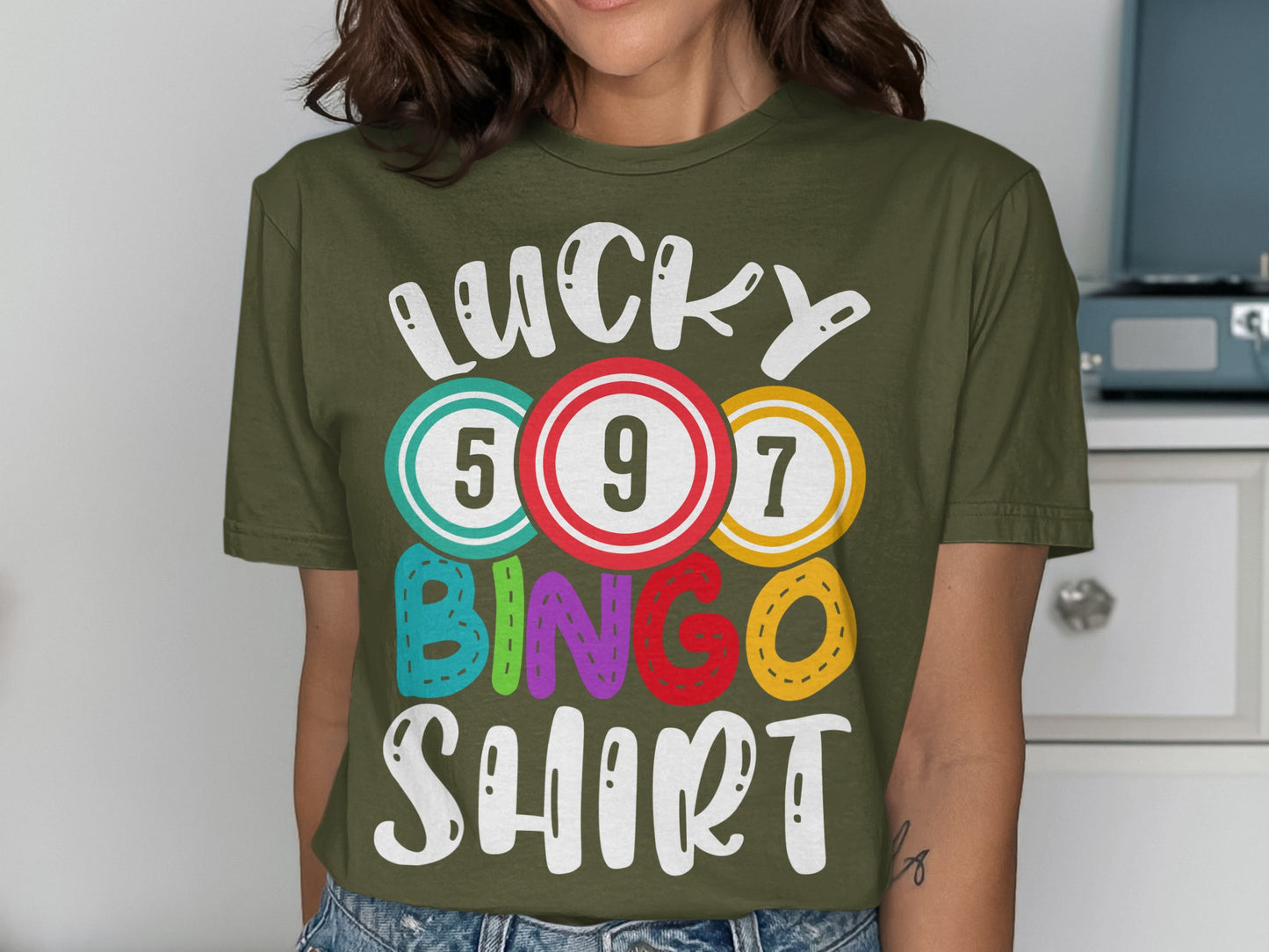Green t-shirt with "LUCKY BINGO SHIRT" and bingo balls.