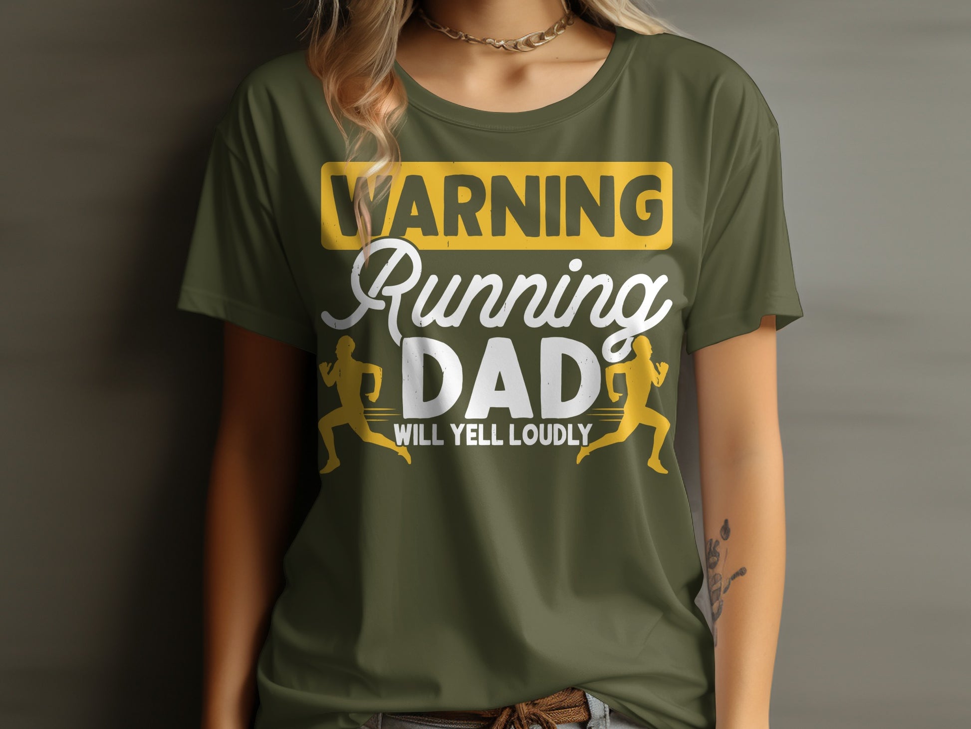 Olive green t-shirt with "WARNING Running DAD WILL YELL LOUDLY" text and runners.