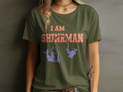 Green t-shirt with "I AM SHIRMAN" text and fishing graphic.