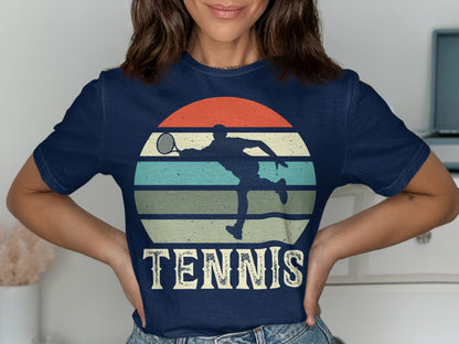 Navy t-shirt with a vintage tennis player silhouette and "TENNIS" text.