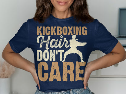 Navy t-shirt with "KICKBOXING HAIR DON'T CARE" text and a martial artist graphic.
