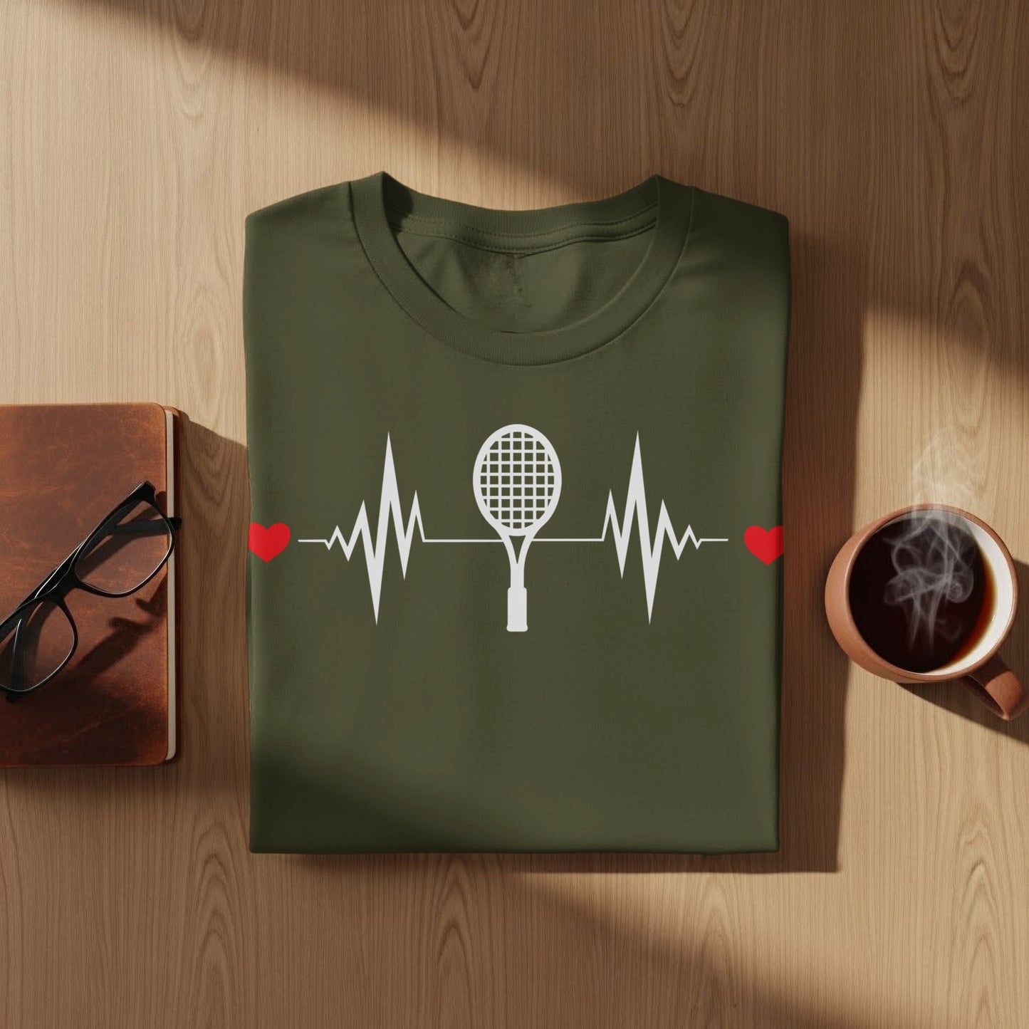 Olive green t-shirt with white tennis racket and heartbeat graphic.