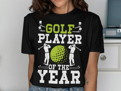 Black t-shirt with "Golf Player of the Year" text and golf graphics.
