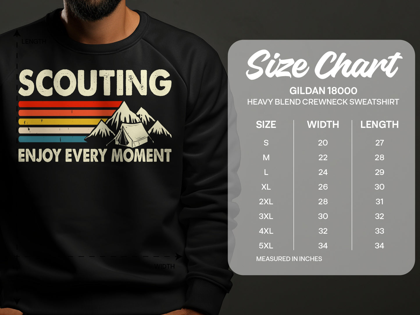 Sweatshirt with "Scouting Enjoy Every Moment" design and size chart.