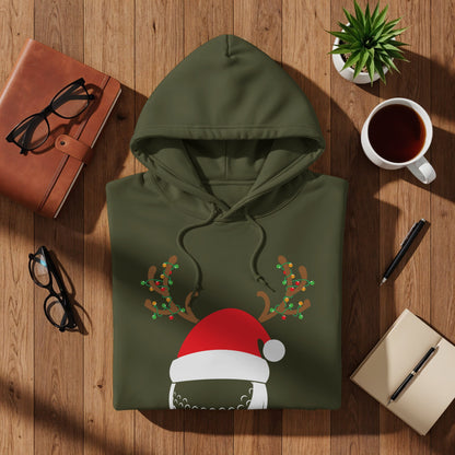 Olive green hoodie with Santa hat and reindeer antlers graphic.