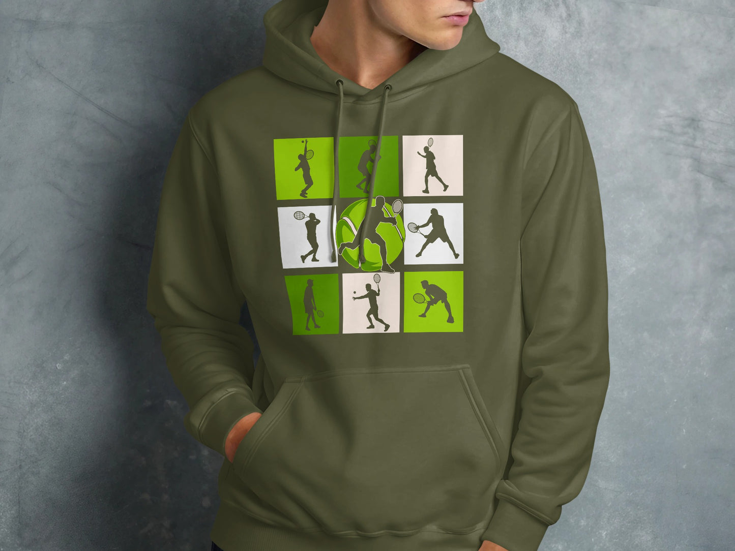 Hoodie featuring a collage of green and white tennis player silhouettes.
