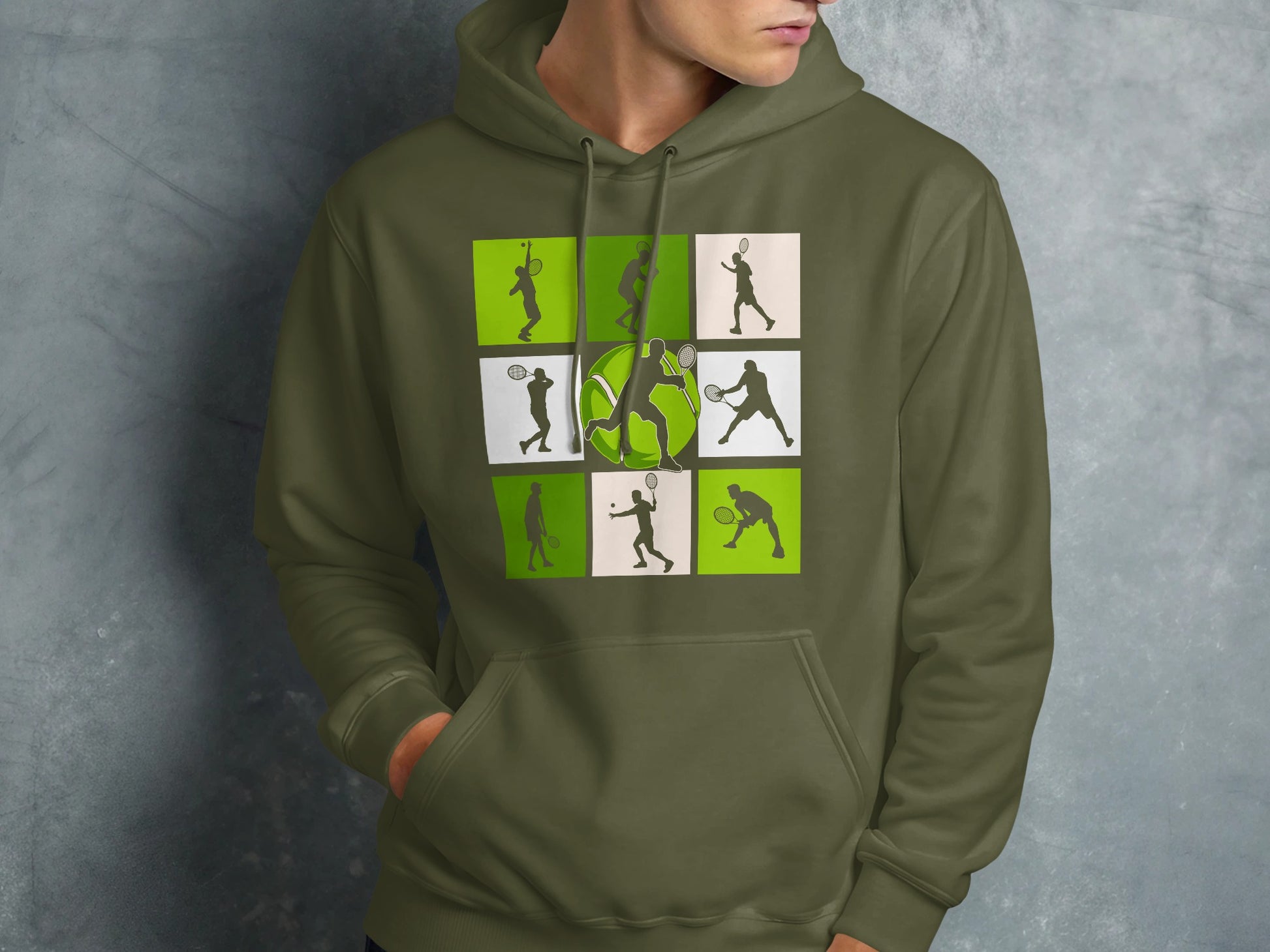 Hoodie featuring a collage of green and white tennis player silhouettes.