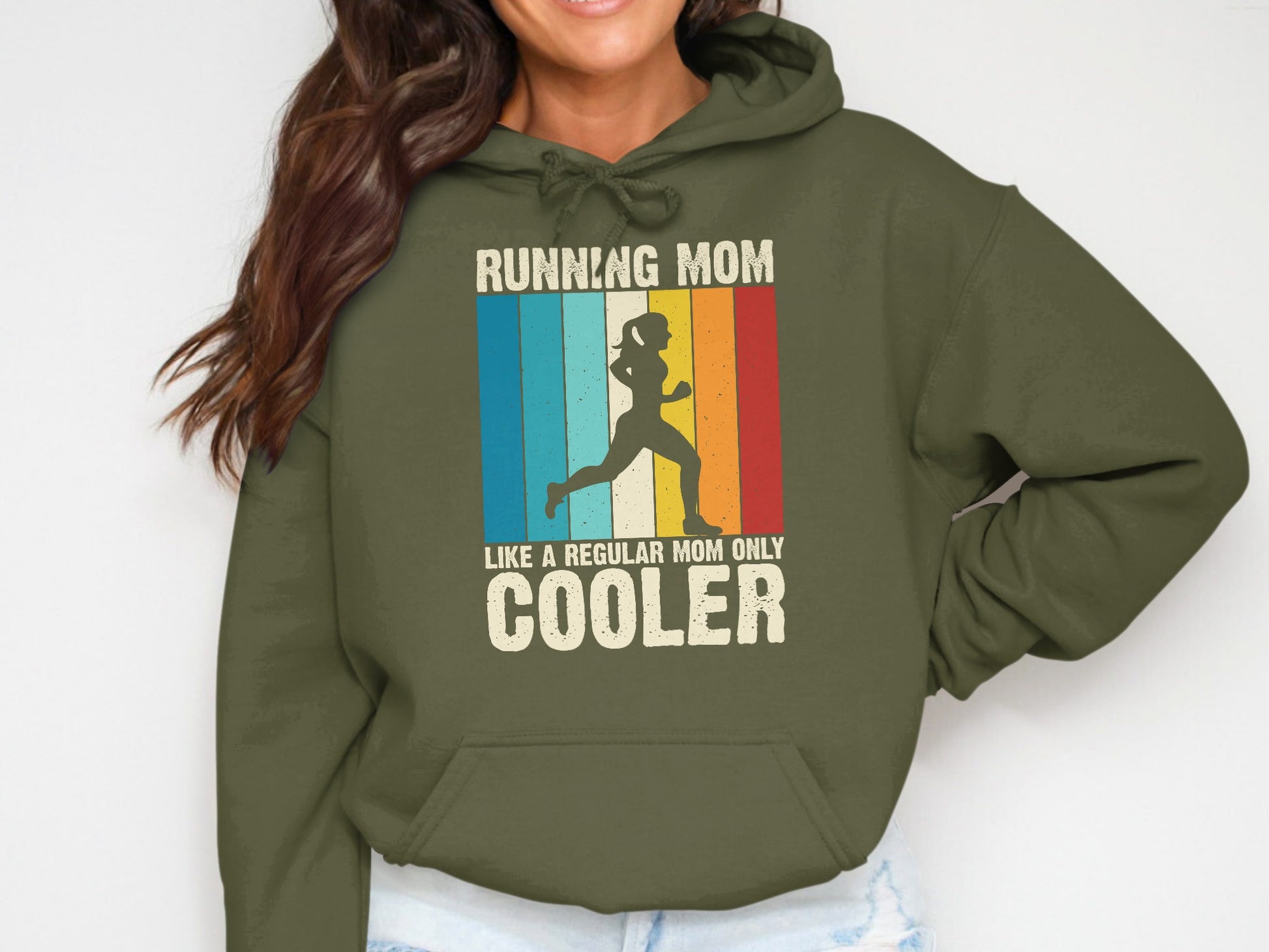 Green hoodie with "Running Mom Like A Regular Mom Only Cooler" and runner graphic.