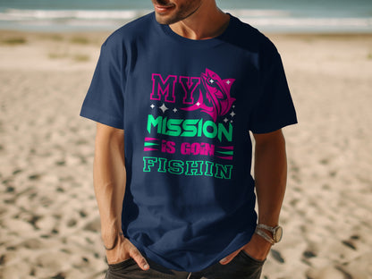Navy t-shirt with "MY MISSION IS GOIN FISHIN" and fish graphic.