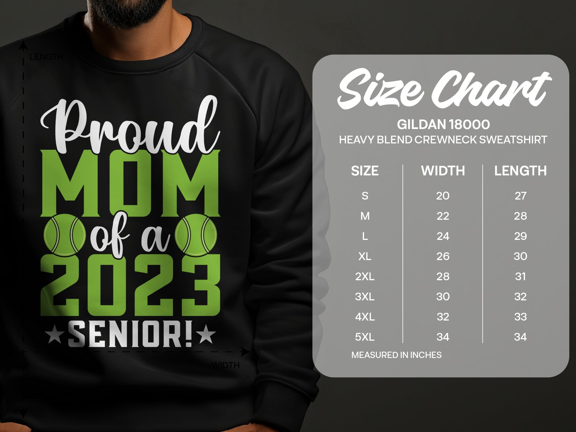 Black sweatshirt with "Proud Mom of a 2023 Senior!" text and size chart.