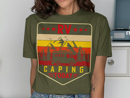RV Camping Today design on olive green t-shirt with mountains and trees.