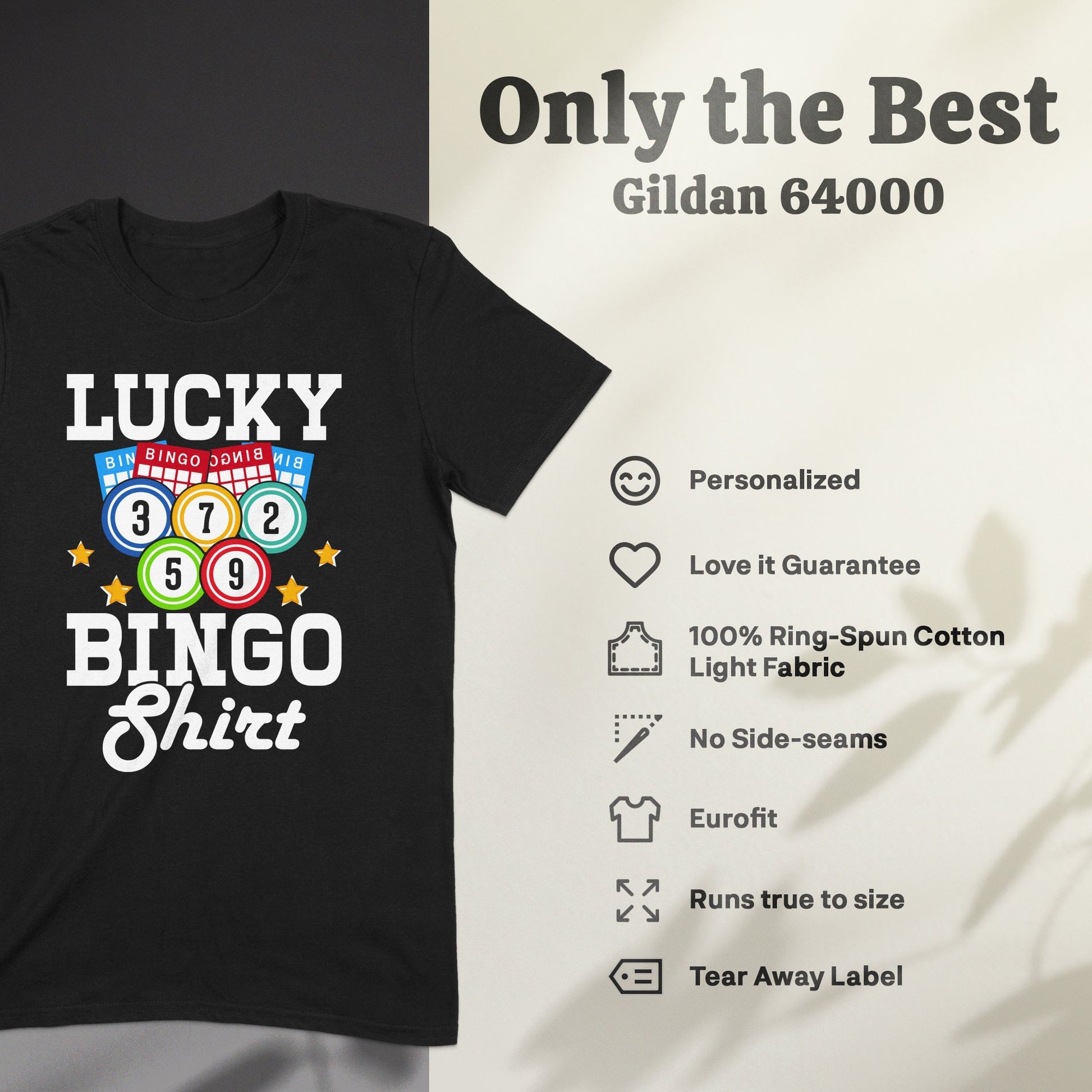 Black t-shirt with "Lucky BINGO Shirt" and bingo ball graphic.