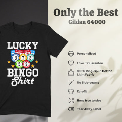 Black t-shirt with "Lucky BINGO Shirt" and bingo ball graphic.