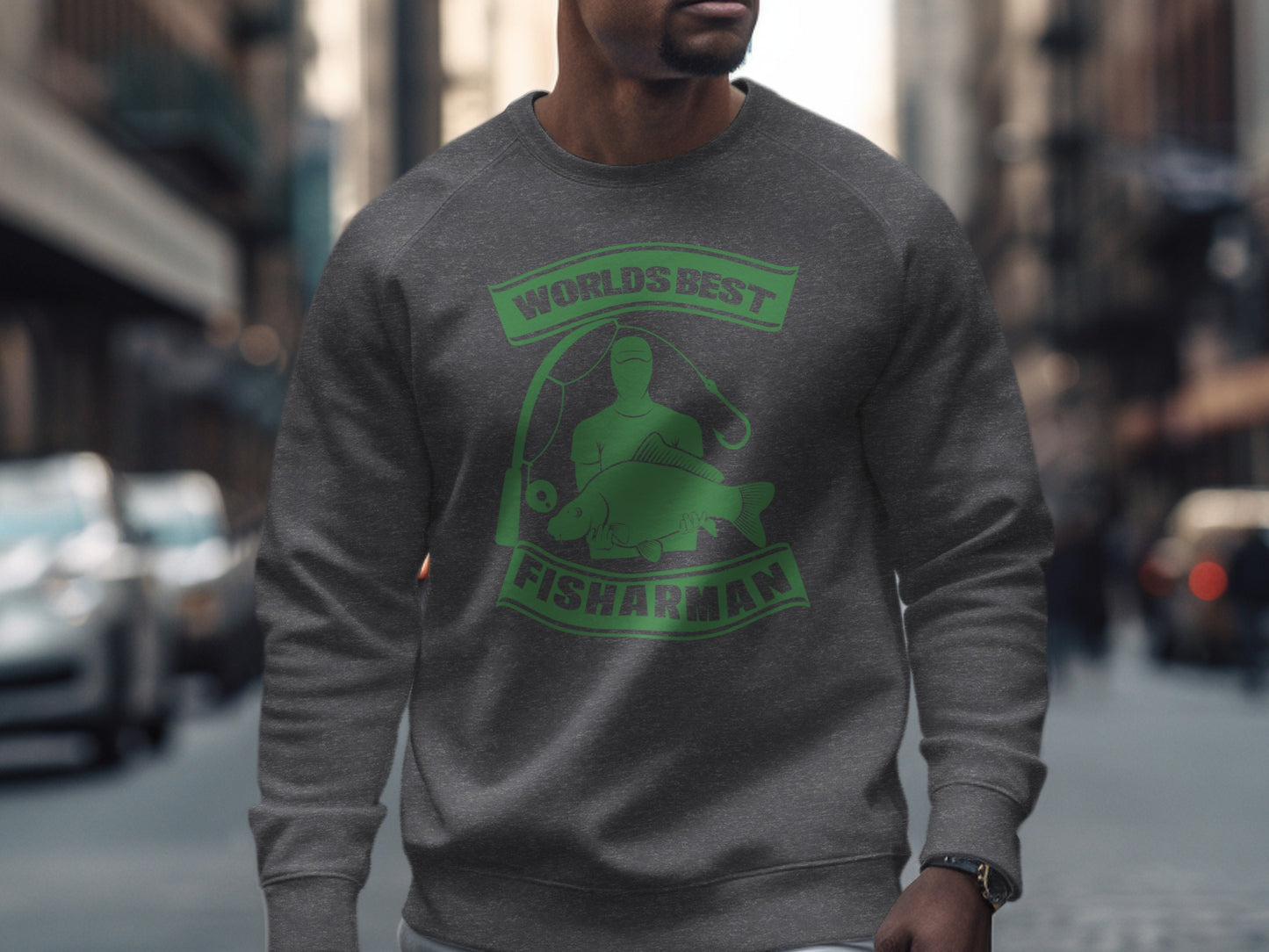 Graphic sweatshirt with "World's Best Fisherman" text and fishing illustration.