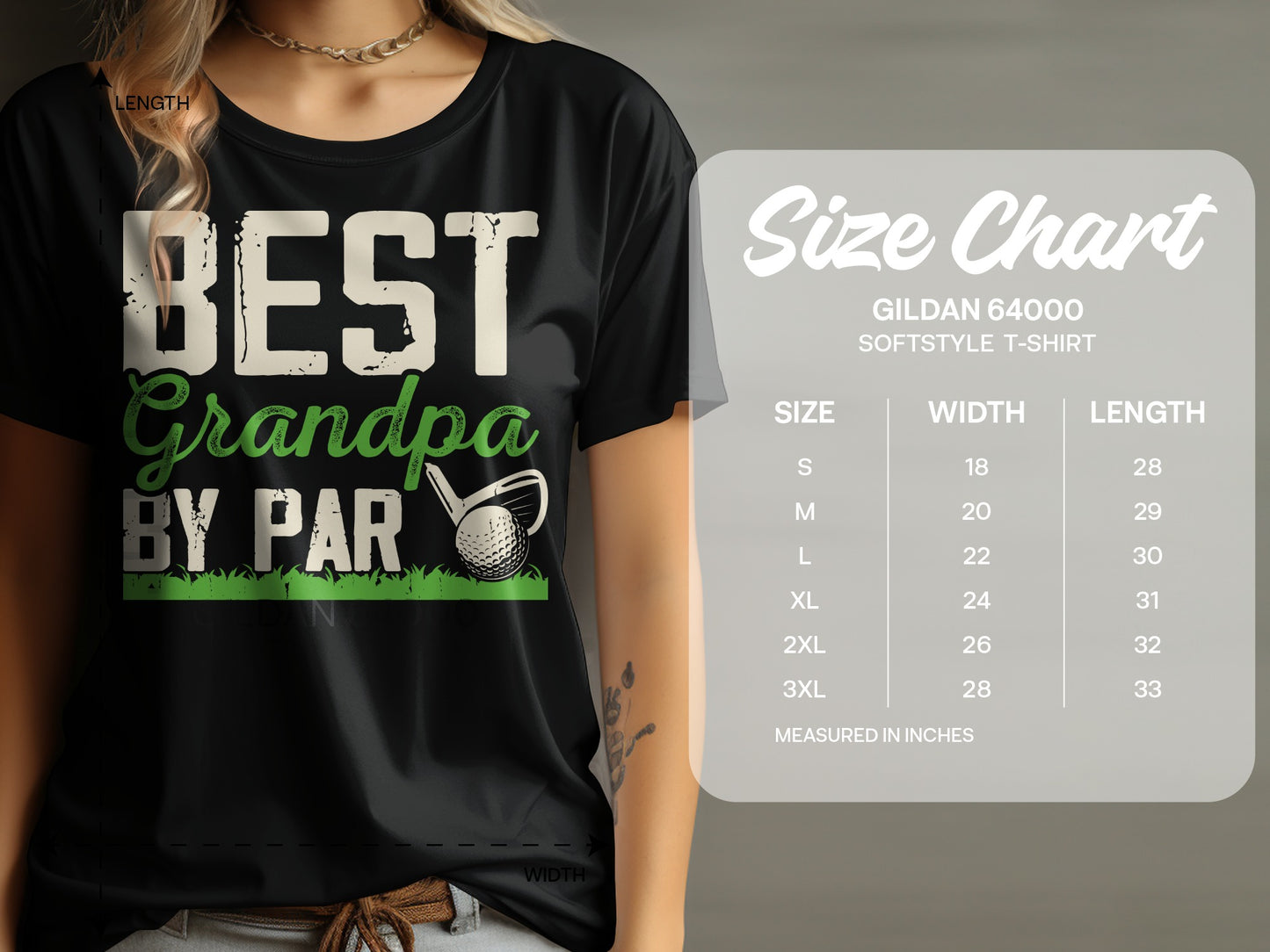 Black t-shirt with "BEST GRANDPA BY PAR" text and a golf ball. Includes size chart.
