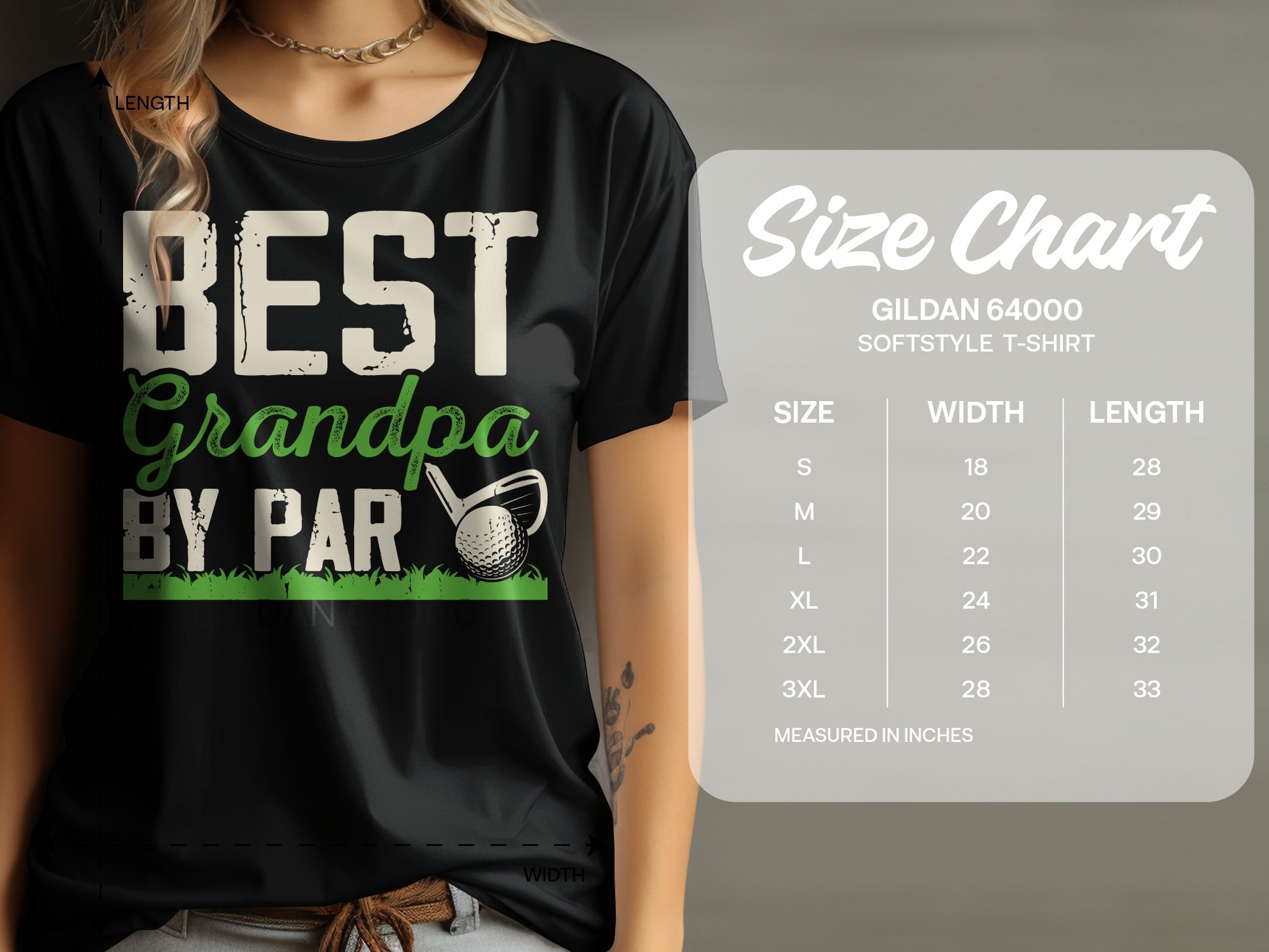 Black t-shirt with "BEST GRANDPA BY PAR" text and a golf ball. Includes size chart.