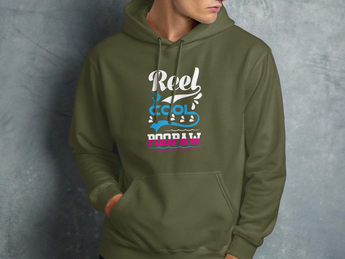 Green hoodie with "Reel Cool Pawpaw" text graphic.