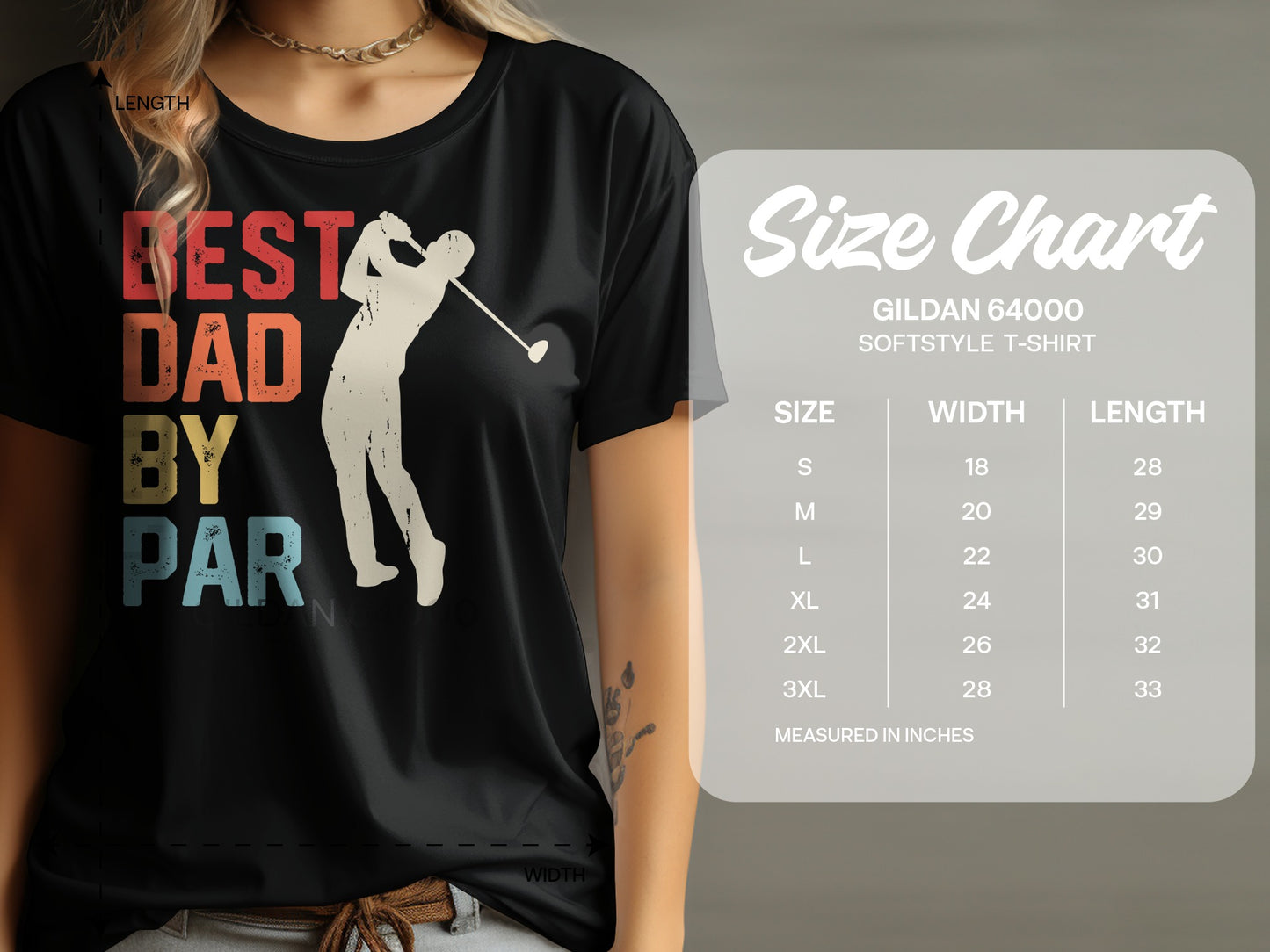 Black t-shirt with "Best Dad By Par" graphic and size chart.