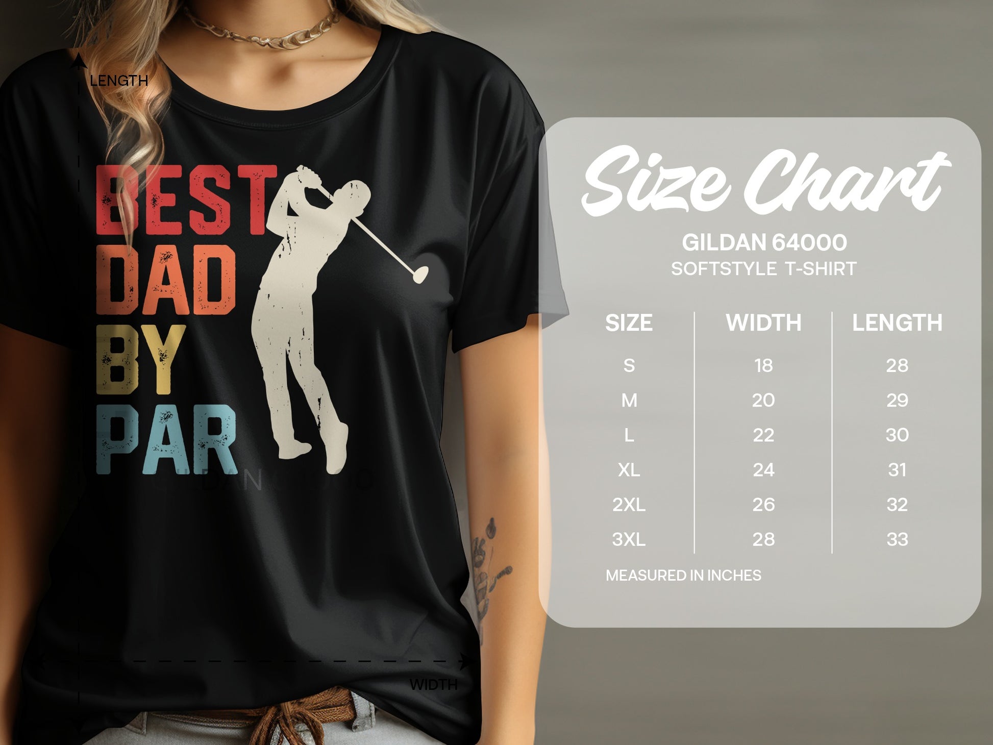 Black t-shirt with "Best Dad By Par" graphic and size chart.