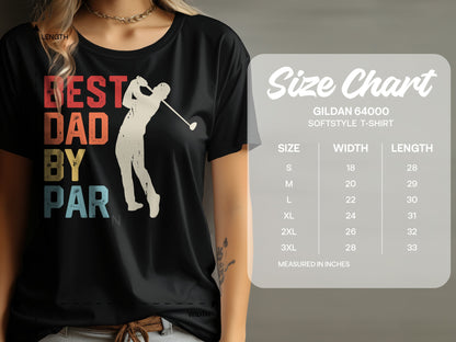 Black t-shirt with "Best Dad By Par" graphic and size chart.