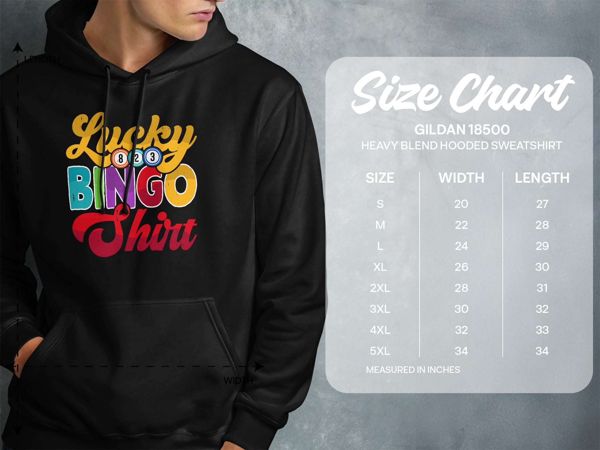 Size chart for Gildan 18500 hooded sweatshirt with "Lucky Bingo Shirt" graphic.