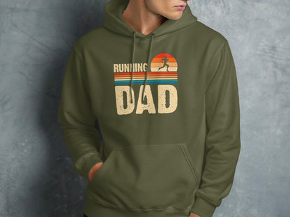 Green hoodie with "Running Dad" text and sunset runner graphic.