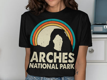 Black t-shirt with "Arches National Park" and a rainbow arch graphic.