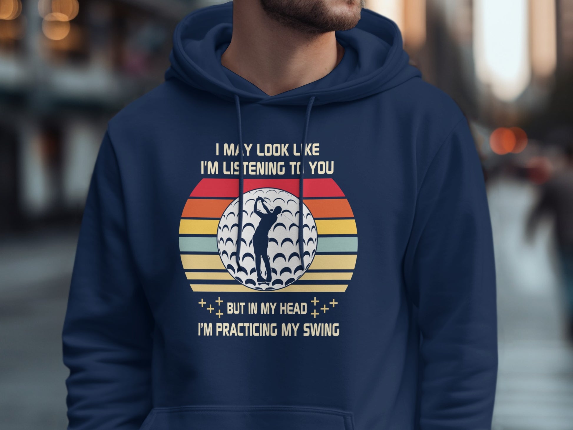 Men's hoodie with "Practicing My Swing" golf graphic.
