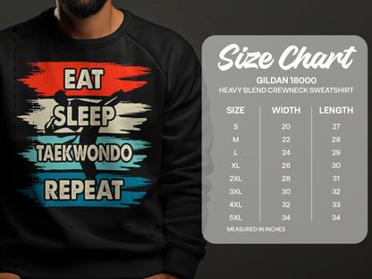 Crewneck sweatshirt with "Eat Sleep Taekwondo Repeat" graphic and size chart.