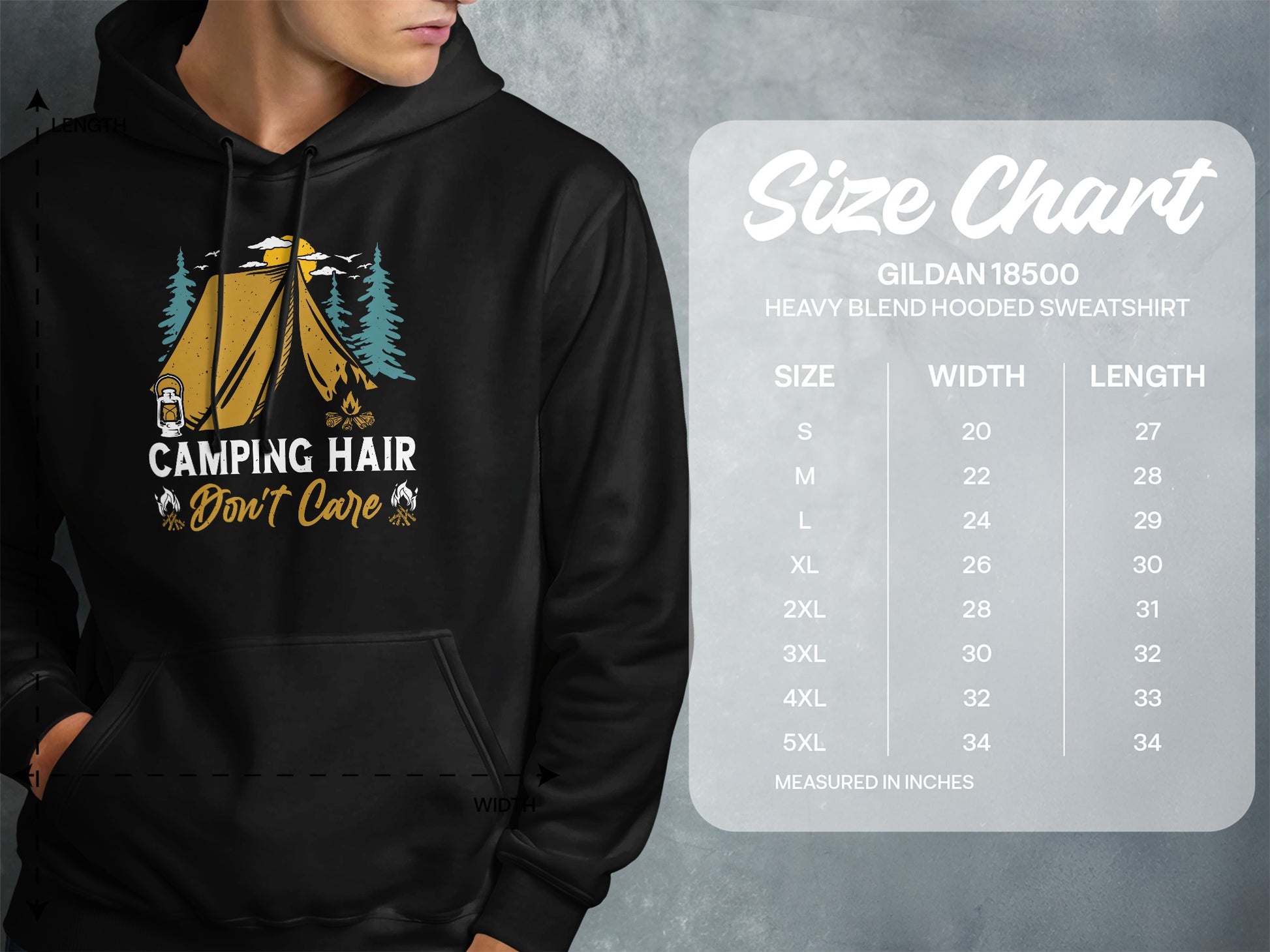Hooded sweatshirt with "Camping Hair Don't Care" graphic, size chart included.