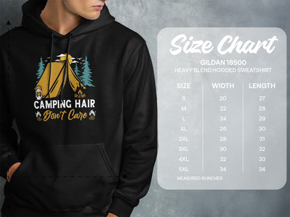 Hooded sweatshirt with "Camping Hair Don't Care" graphic, size chart included.