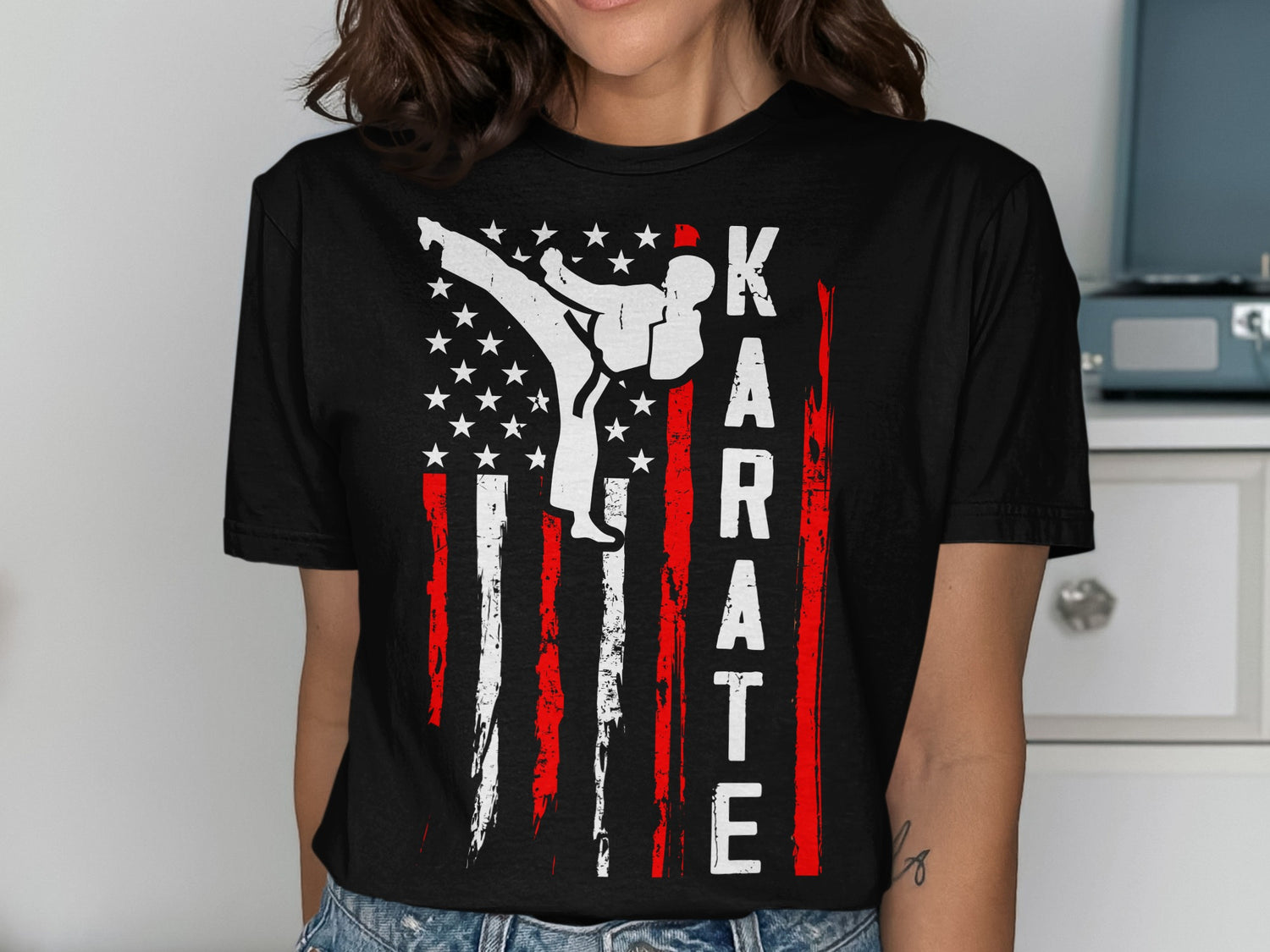 Black t-shirt with white American flag design and "KARATE" text.