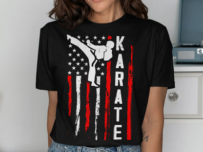 Black t-shirt with white American flag design and "KARATE" text.