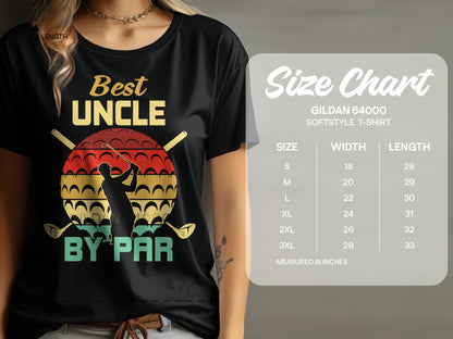 T-shirt with "Best Uncle By Par" text and golf graphic, with size chart.